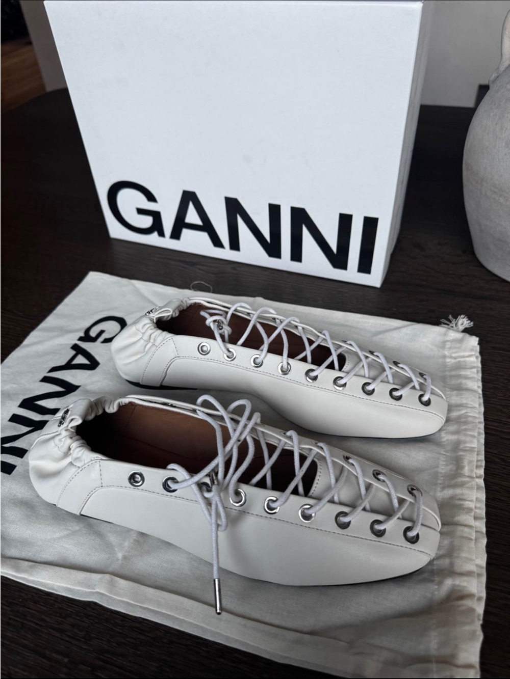 Ganni White Lace-Up Ballet-Inspired Flats - Picture 5 of 7